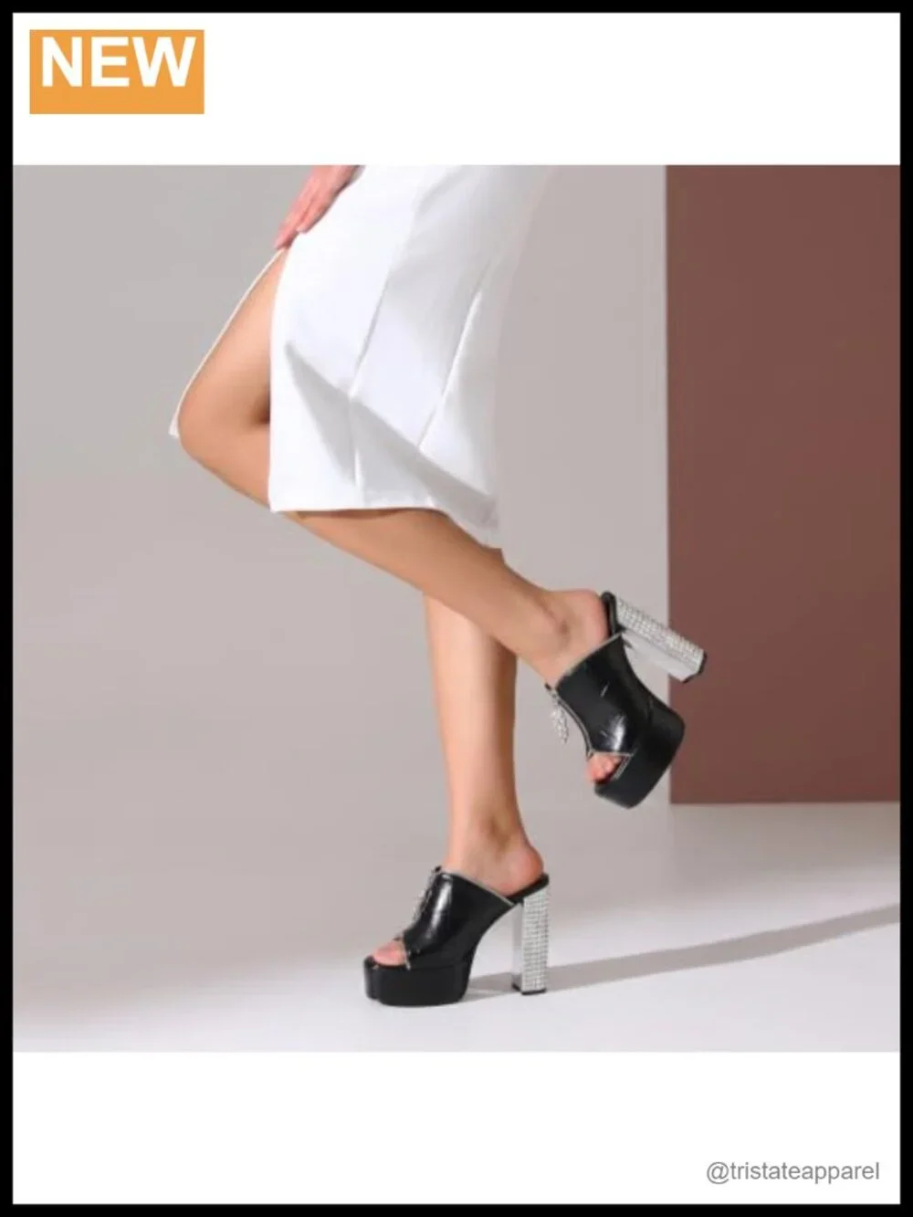 Platform Heeled Sandals Open Toe Rhinestone Block Heel Slip On